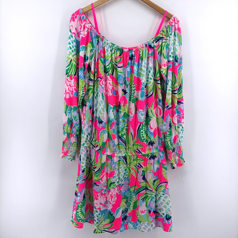 Lilly Pulitzer Donna Romper Pink Green Tropical Floral Off Shoulder Long Slv L